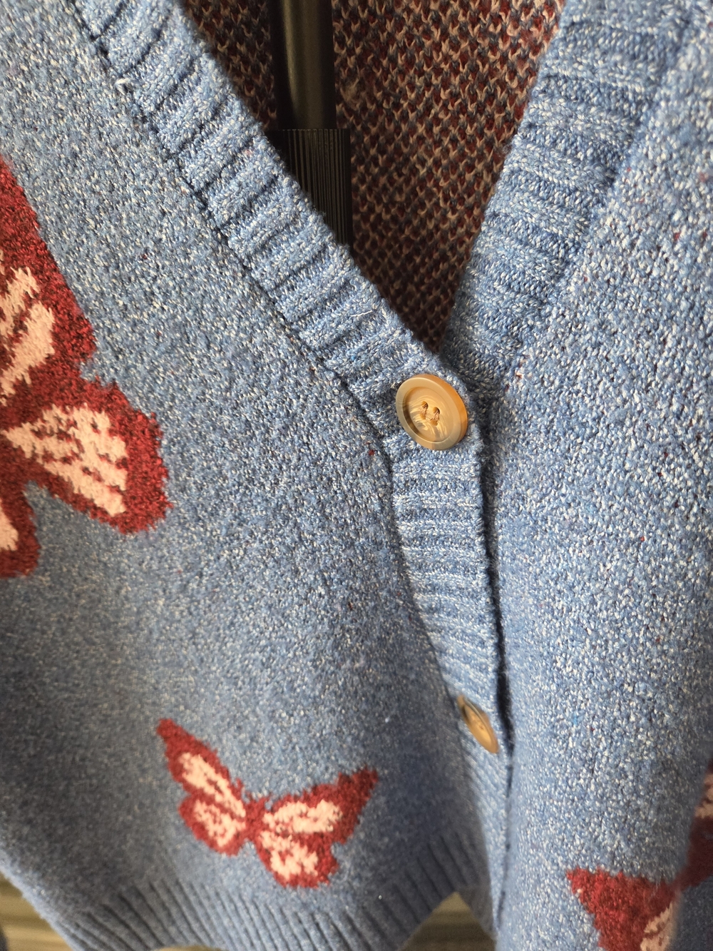 NWT Self Esteem Light Blue Butterfly V-Neck Cardigan with Red Accents - Picture 4 of 6
